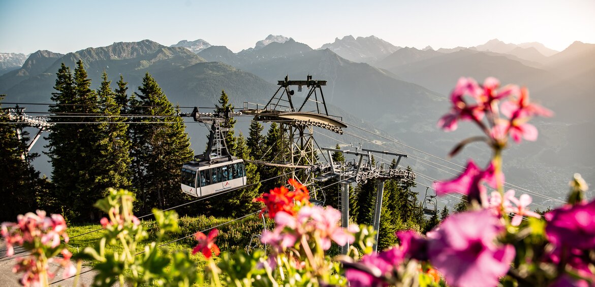 Die Hochjoch Bahn der Silvretta Montafon schwebt in die Bergstation mit schönen Blumen im Vordergrund | © Silvretta Montafon - Friederike Weber